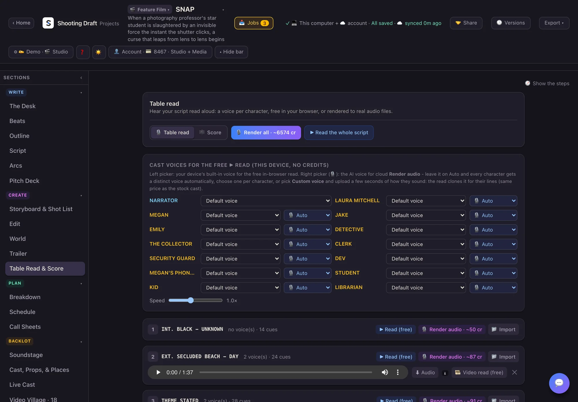 Table Read and Score for SNAP in Shooting Draft, dark mode: a voice per character, a free read in the browser or rendered audio per scene, with the price on each.