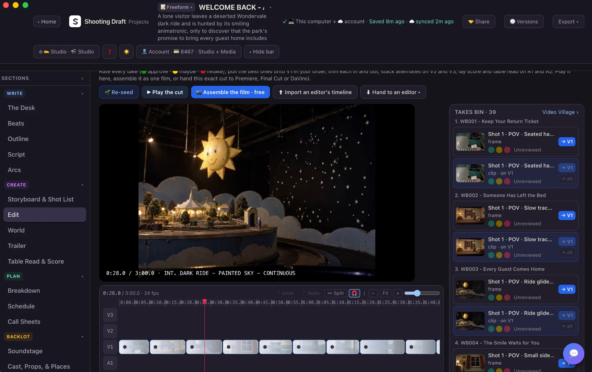 The Edit view for WELCOME BACK in Shooting Draft: the cut playing, the takes bin with ratings, and clips on the V1 track.