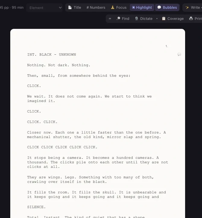 Close-up of the formatted SNAP screenplay, with a small strip of Shooting Draft’s writing toolbar.