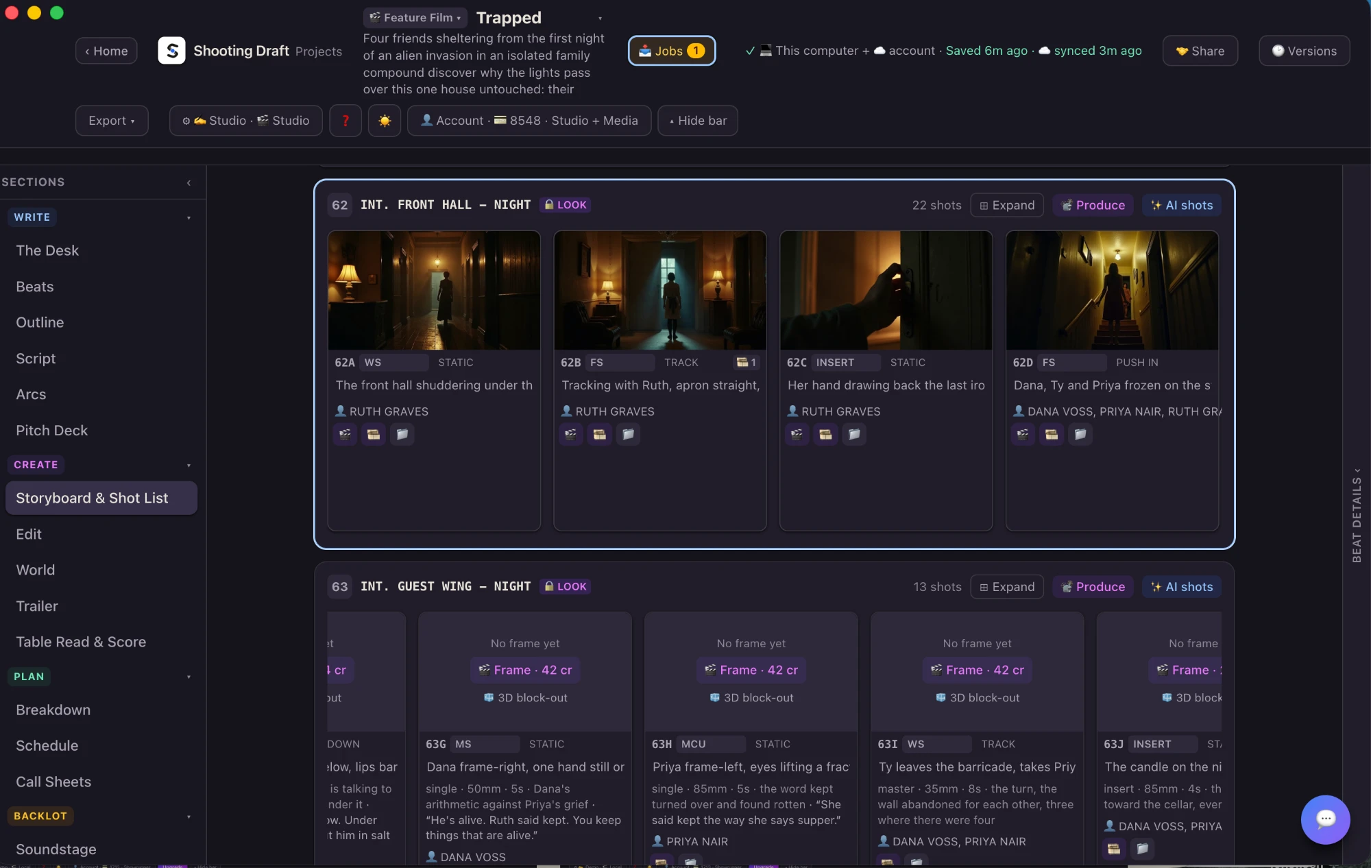 The TRAPPED storyboard in Shooting Draft: scene 62 with four generated frames and who is in each shot, scene 63 with its shots waiting for frames and the price on each.